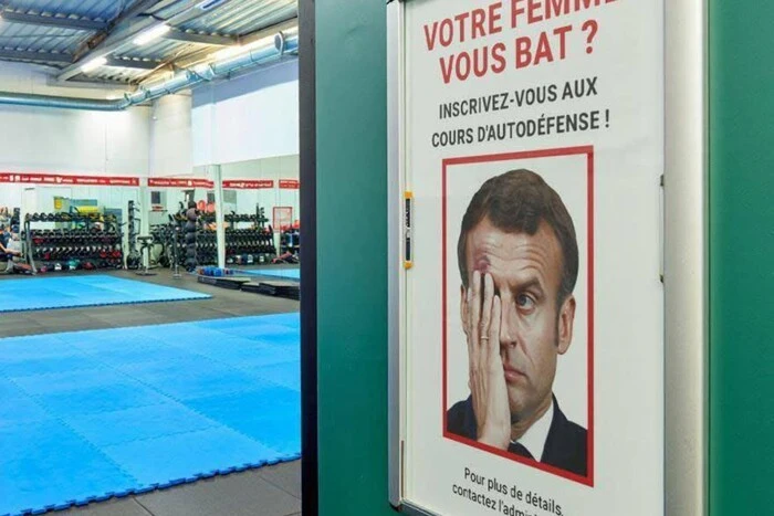 A sarcastic advertisement has appeared in a gym in France hinting at a slap to Macron from the First Lady